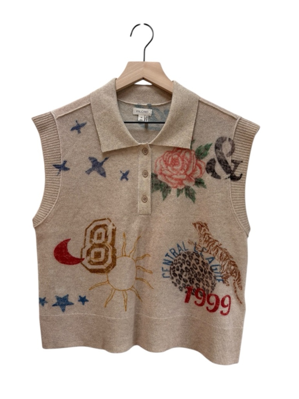 Pilcro Beige Cashmere Knit Tank with Coral Motif